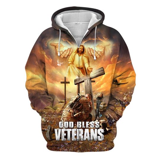 Discover God Bless Veterans Zip-Up Hooded Sweatshirt Christ Jesus Eagle Hoodie American Flag Hoodies Patriotic Hoodie God Veteran Gifts For Men