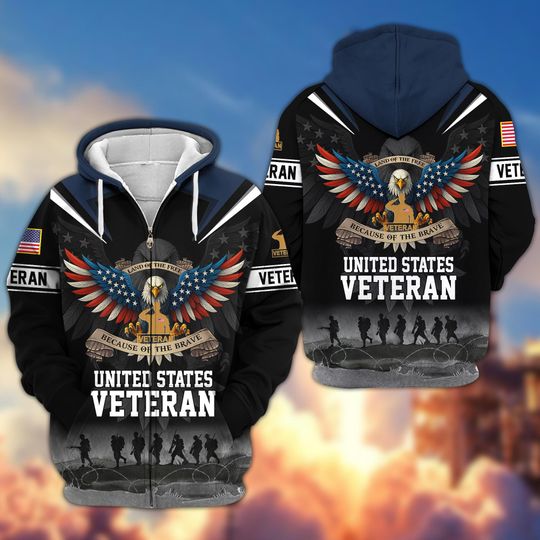 Discover United States Veteran Zip-Up Hooded Sweatshirt, Tactical Hoodie, Military Land Of The Free Eagles Zip Up Hoodie, Patriots Veteran Sweatshirt