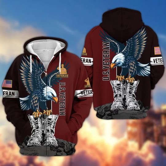 U.S. Veteran Hoodies For Men - Military Sweatshirt For Men, Eagles Zip Up Hoodie, Veterans Day Gift, American Flag Sweatshirt