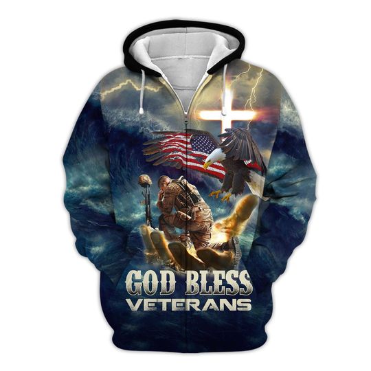 God Bless Veterans Zip-Up Hooded Sweatshirt American Eagle Hoodie American Flag Hoodies Christ Jesus Veteran Pullover Hoodie Eagles Jackets