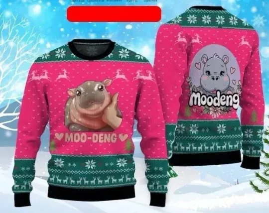Discover Moo Deng Bouncy Pig Ugly Sweater, Cute Thai Baby Hippo Sweater