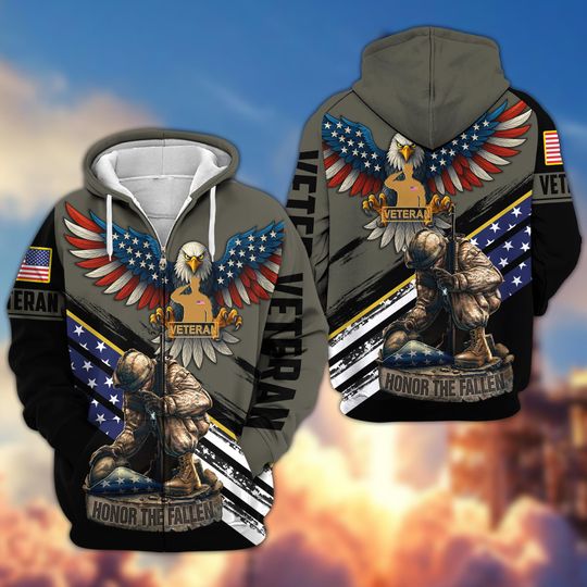 Discover Honor The Fallen Eagles Zip Up Hoodie For Men, Military Patriotic Hoodie, Honoring Veterans Sweatshirt, Veteran Gifts, Father's Day Gift