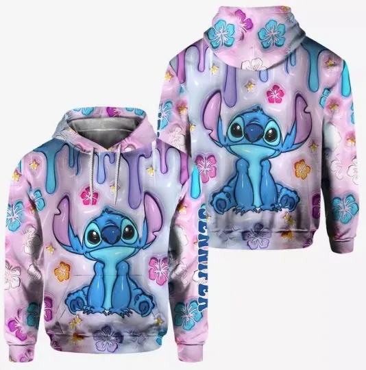 Personalized Cute Stitch Ohana Means Family Hibiscus Flowers Hoodie 3D for Men and Women