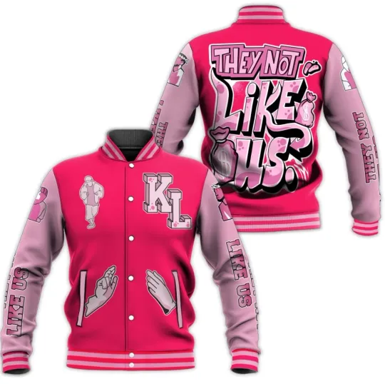 Discover Triple Pink Baseball Jacket with Dislike Us Graphic Letterman Style