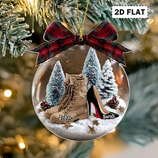 Personalized Couple Ornament, Custom Name 2D Flat Ornament with Boots & Heels, Military Husband Wife Christmas Gift 2025, Couple Xmas Decor