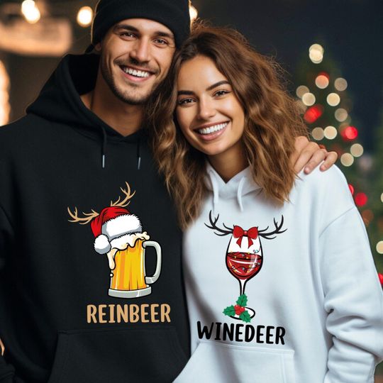 Discover Funny Christmas Hoodie: Reinbeer & Winedeer Holiday Couple Pullover