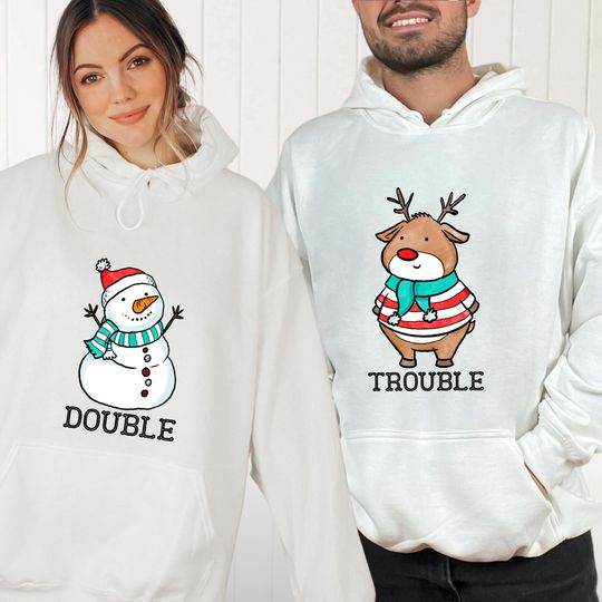 Discover Double Trouble Matching Christmas Sweatshirt: Funny Couple Hoodies
