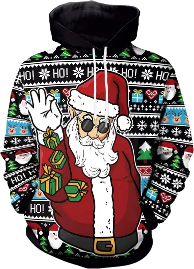 Discover Cool Santa Christmas Hoodie Funny 3D Pullover Unisex Holiday Sweatshirt