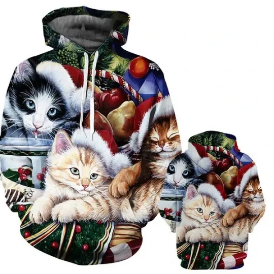Christmas Kittens 3D Print Hoodie Pullover Sweatshirt Unisex Holiday Outfit