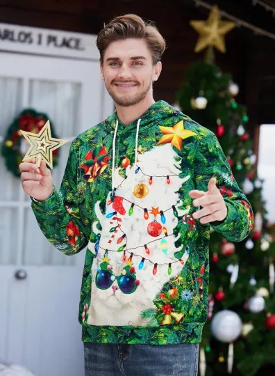 Discover Green Cat Hoodie Light Bulb Print Tree Theme Hooded Sweatshirt