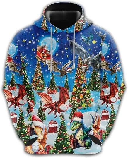 Discover Christmas Dragon Hoodie – Santa Sleigh Ride, Xmas Trees & Festive Fantasy Print