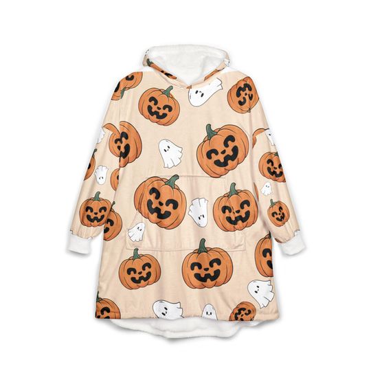 Discover Cozy Halloween Hooded Blanket, Pumpkin Ghost Snuggie for Fall, Perfect for Halloween, Home Decor, Gift Idea