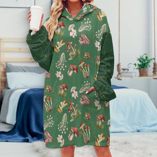 Discover Oversized Mushroom Hoodie Blanket | Wearable Holiday Fall Blanket with Front Pocket, Cottagecore Fungi Large Hoodie Jumper
