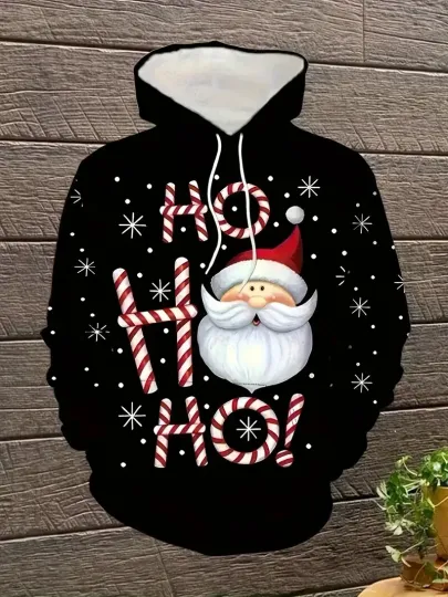 Discover Black Christmas Hoodie Santa Ho Ho Ho Candy Cane Print 3D Hoodie All Size S-5XL