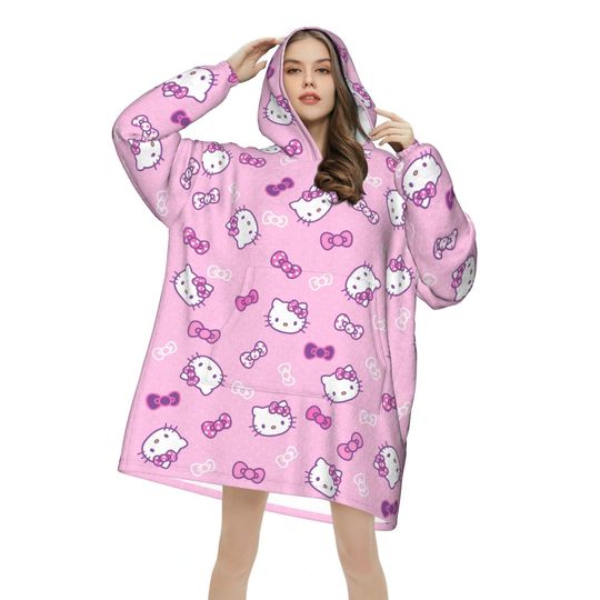 Discover Hellos Kittys Cartoon Oversized Blanket Hoodie Sweatshirt Long Fleece Hooded Wearable Blanket with Large Pocket for Women Men
