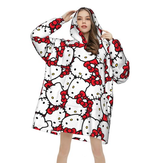 Discover Hellos Kittys Wearable Blanket Hoodie for Women Men Warm Cozy Large Blanket Sweatshirt Thick Fleece Hooded Blanket with Pocket