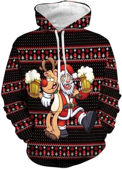 Discover Funny Santa & Reindeer Beer Hoodie 3D Print Black Red Christmas Unisex Pullover