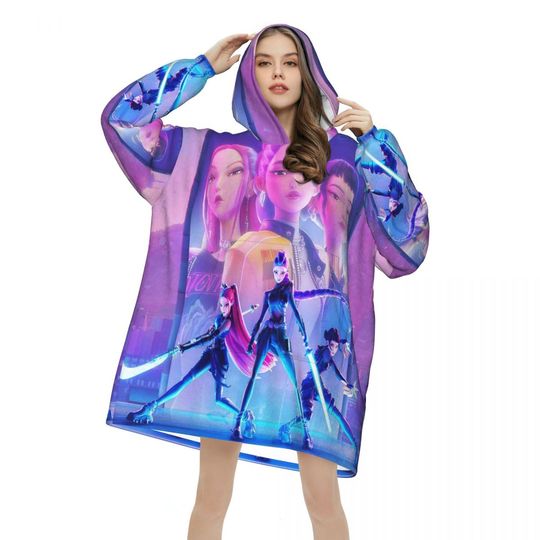 Discover Kpop Demon Hunters Huntrix Blanket Hoodie Wearable 2025 Movie Blanket Oversize with Pocket Warm Sleeping Bag Soft Cozy Onesie