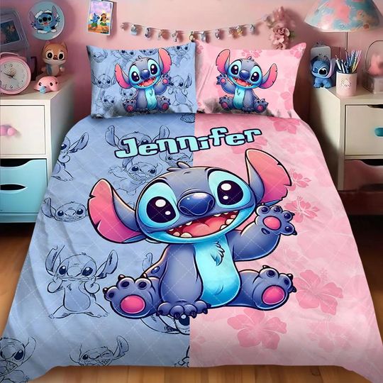 Discover Pink and Blue Personalized Ohana Quilt Set, Blue Monster Kawaii Cartoon Bedding Set, Hawaii Family Pillow Duvet Cover