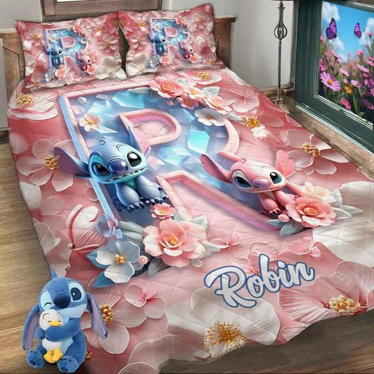 Discover Personalized Alphabet Floral Quilt Set, Blue Monster Ohana Family Quilted Set for Cartoon Lover