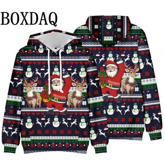 Holiday Knit Hoodie Red White Theme Patterned Hooded Casual Top