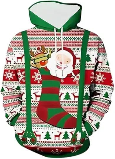 Discover Funny Santa & Reindeer Christmas Hoodie 3D Print Unisex Holiday Pullover