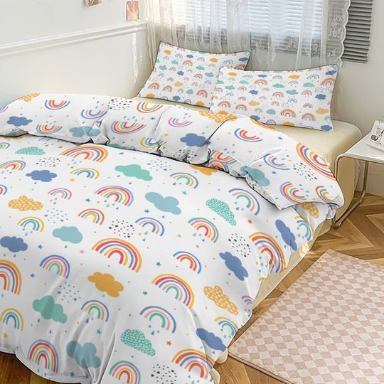 Discover Weather Rainbow Clouds and Raindrops 3-Piece Bedding Set-86"70"/ 218177cm Double Sided Duvet and 2 Sham Set Fits Twin to Full/Double