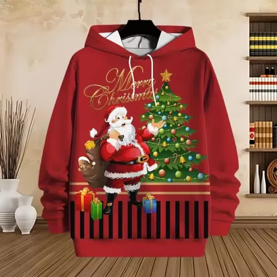 Discover Red Santa Hoodie 3D Christmas Tree and Gift Print Holiday Wear for Family Gather