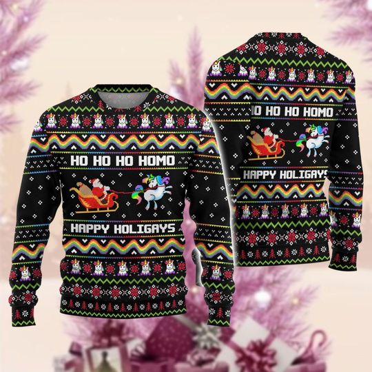 Discover Happy Holigays Ugly Sweater, Santa Claus Sweater,  LGBT Unicorn Sweatshirt, Funny Holiday Ugly Sweater Men Women, Xmas Party Gift
