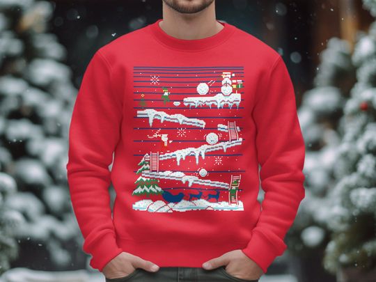 Discover Retro Christmas Jumper, Donkey Kong Inspired Holiday Sweater, Festive Winter Jumper, Unique Gaming Design, Ugly Sweater Party Outfit