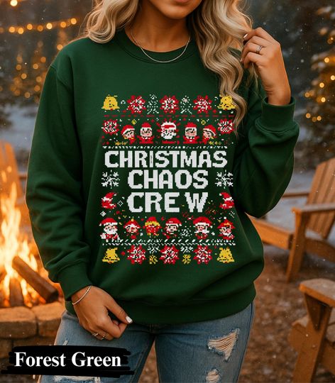 Discover CHRISTMAS CHAOS CREW Ugly Christmas Sweatshirt Pixel Knitted Effect Funny Xmas Pullover Sweater