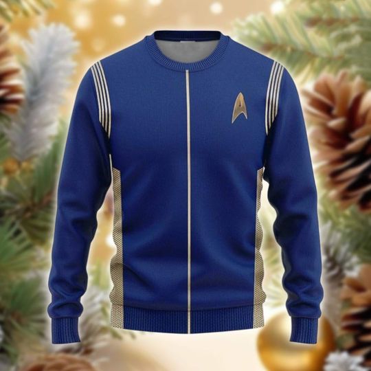 Discover Sci-Fi Navy Uniform Sweater, Commander Starfleet Style Jumper, Tactical Blue Gold Holiday Gift, Trek Inspired Apparel, Geeky