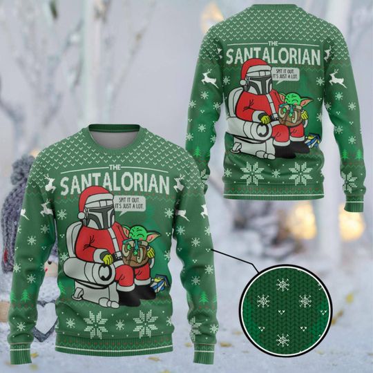 Discover Funny Santalorian Ugly Christmas Sweater Green Knit Holiday Pullover with Santa Mandalorian and Baby Yoda Design Unisex Geek Gift Party
