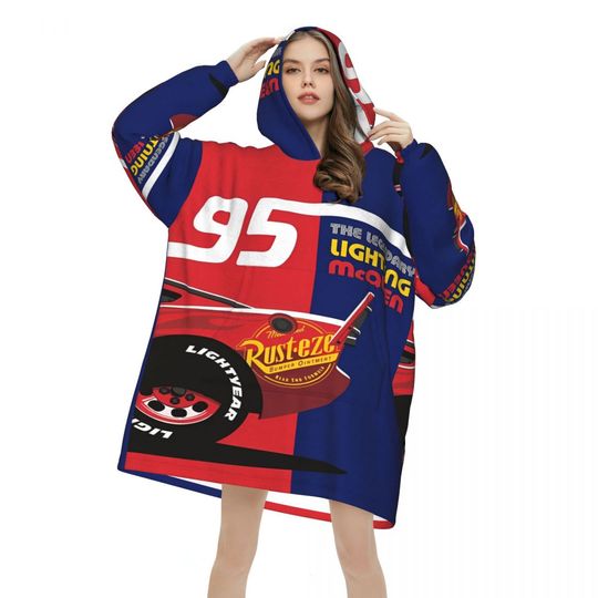 Discover Oversized Lightning Mcqueen Car 95 Wearable Blanket Gifts for Women Men Ultrasoft Plush Warm Sweatshirt Blankets With Pocket