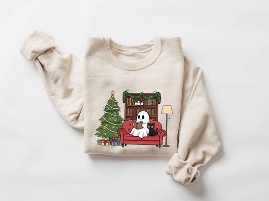 Discover Cute Ghost Reading Christmas Sweatshirt, Christmas Ghost Book Shirt, Funny Book Lovers Gift, Librarian Holiday Sweater, Bookworm Winter Tee