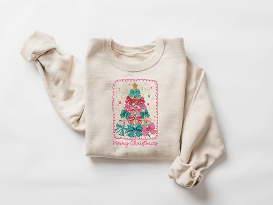 Discover Christmas Tree Bow Sweatshirt, Christmas Shirt For Women, Christmas Tree Tshirt, Coquette Winter Crewneck, Holiday Lover Gift, Festive Shirt
