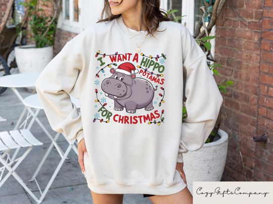 Discover I Want A Hippopotamus For Christmas Sweatshirt, Hippo Christmas Lights Sweater