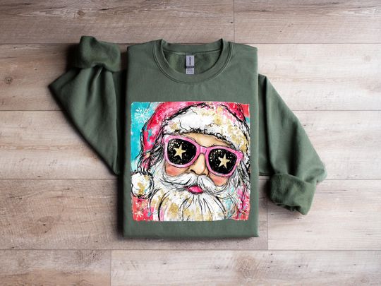 Discover Preppy Santa Sweatshirt, Coquette Christmas Shirt, Brushstrokes Pink Santa Sweatshirt