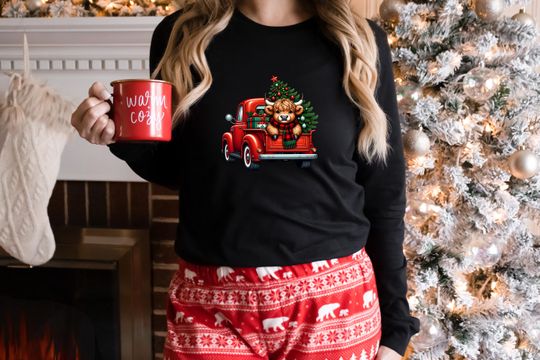 Discover Christmas Cow Sweatshirt, Winter Highland Cow In Truck Shirt, Farm Xmas Tee