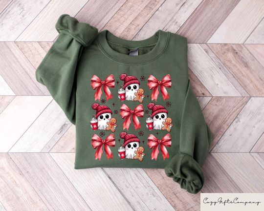 Discover Coquette Cute Ghost Christmas Sweater, Coquette Bow Christmas Sweatshirt