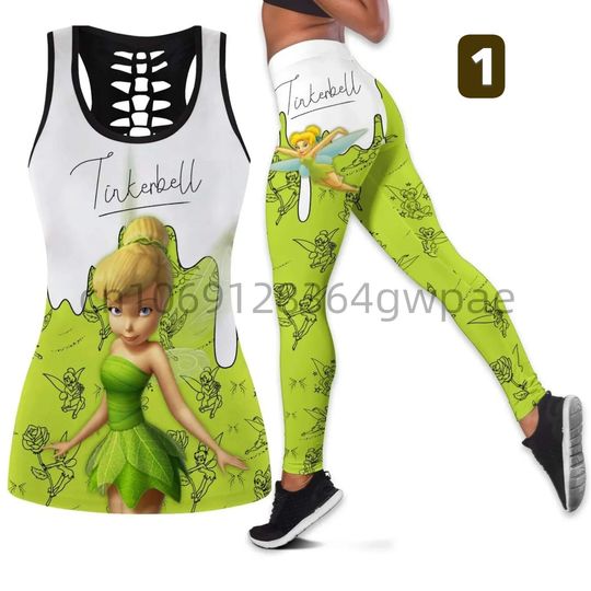 Tinker Bell Women's Cutout Tank Top Leggings Yoga Set, Summer Fitness Leggings Tracksuit, Disney Hollow Tank Top Leggings Set
