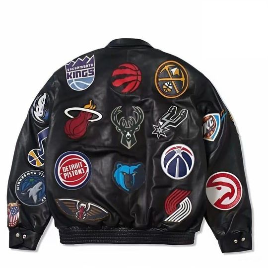 Discover Teams Collage Leather Black Baseball Jacket
