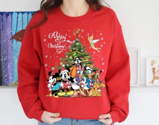 Discover Funny Mickey & Friends Decor Pine Tree Merry Chirstmas Happy Holiday Sweatshirt