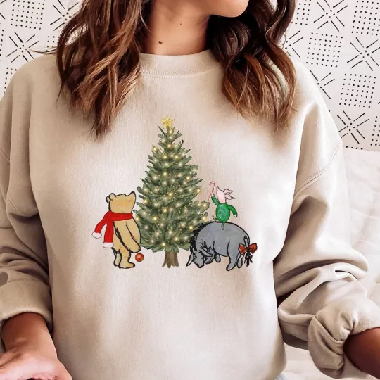Discover Pooh Bear Eeyore And Piglet Decorating Pine Tree Merry Christmas Sweatshirt