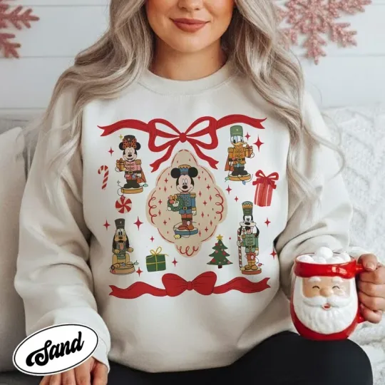 Discover Retro Mickey & Friends Nutcrackers Coquette Bow Merry Christmas Sweatshirt