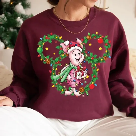 Discover Cute Piglet Mickey Ears Christmas Wreath Winnie The Pooh Sweatshirt