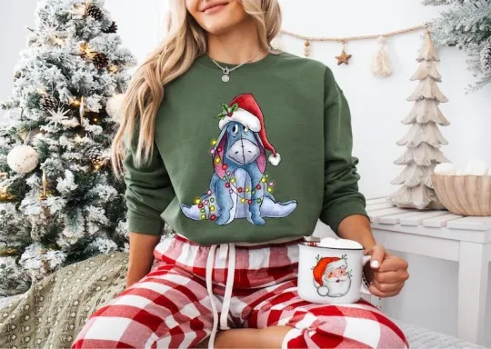 Discover Eeyore Donkey Santa Hat Christmas Lights Holiday Season Merry Xmas Sweatshirt