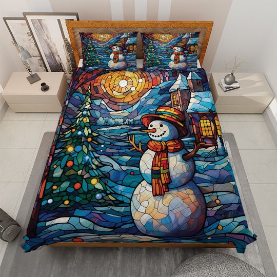 Vintage Snowman Quilt Bedding Set: Starry Night Christmas Decor