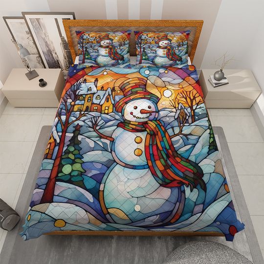 Vintage Snowman Quilt Bedding Set: Starry Night Christmas Decor