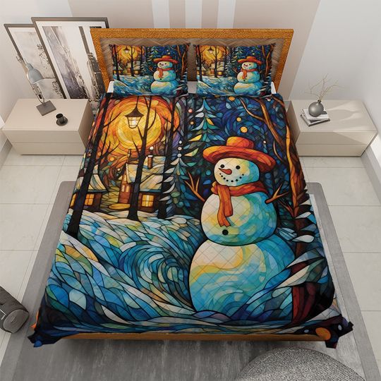 Vintage Snowman Quilt Bedding Set: Christmas Starry Night Decor